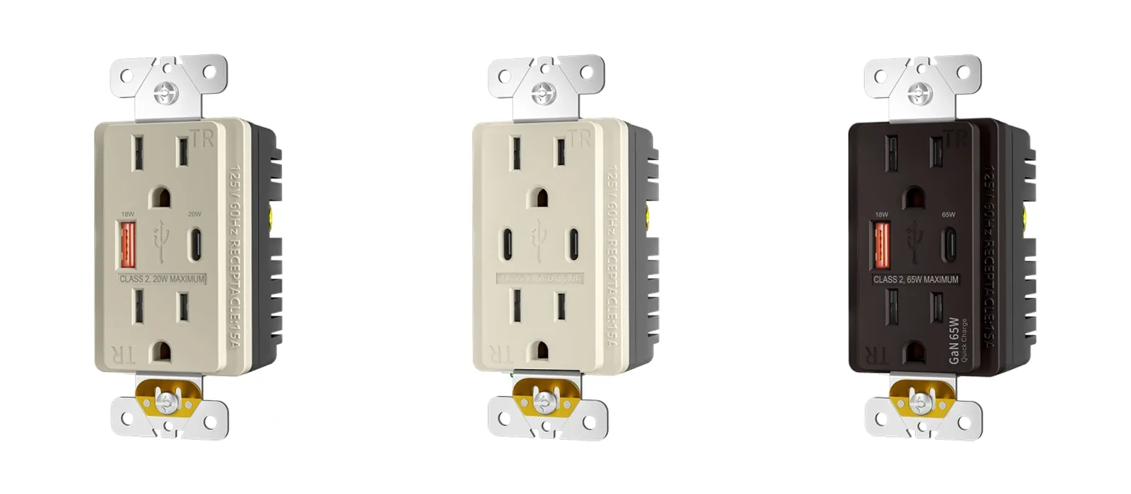 USB wall outlets — PD20W, dual Type-C 5.0A and 65W Power Delivery models