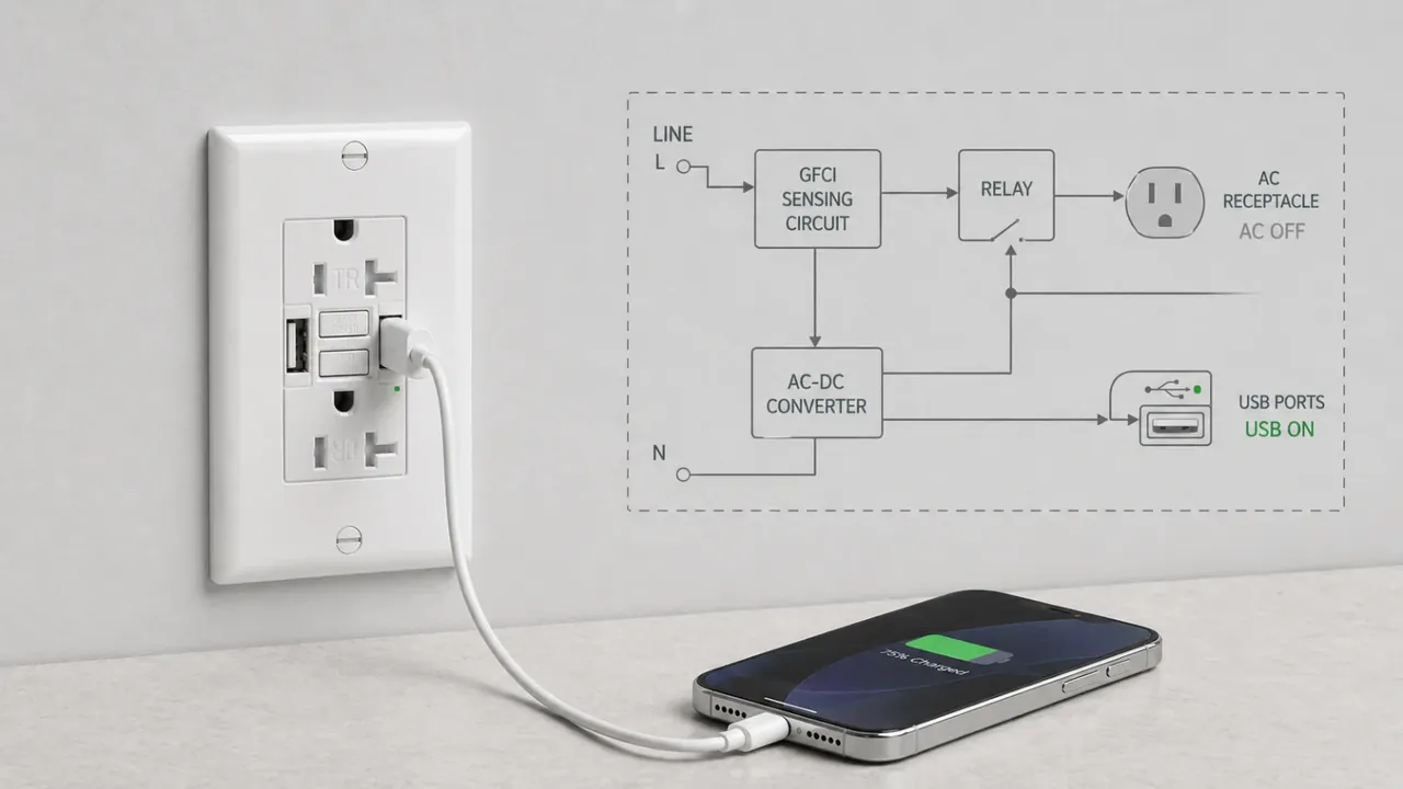 USB wall outlet charging a phone on a kitchen counter